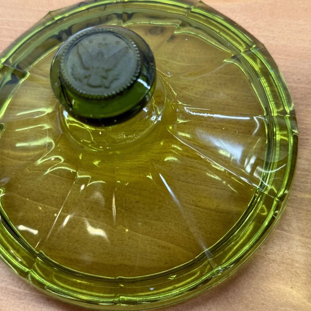 Vintage fostoria olive green coin glass covered dish ,collection by fostoria